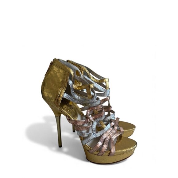 MICHAEL KORS Metallic Rose Gold Silver Leather Platform Sandals Heels Size 7.5 - Picture 4 of 11